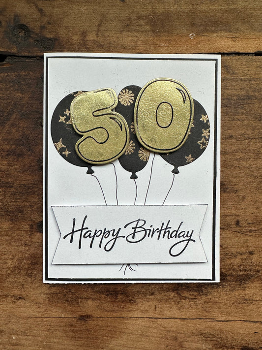 50th Birthday Card: Black and Gold Balloons
